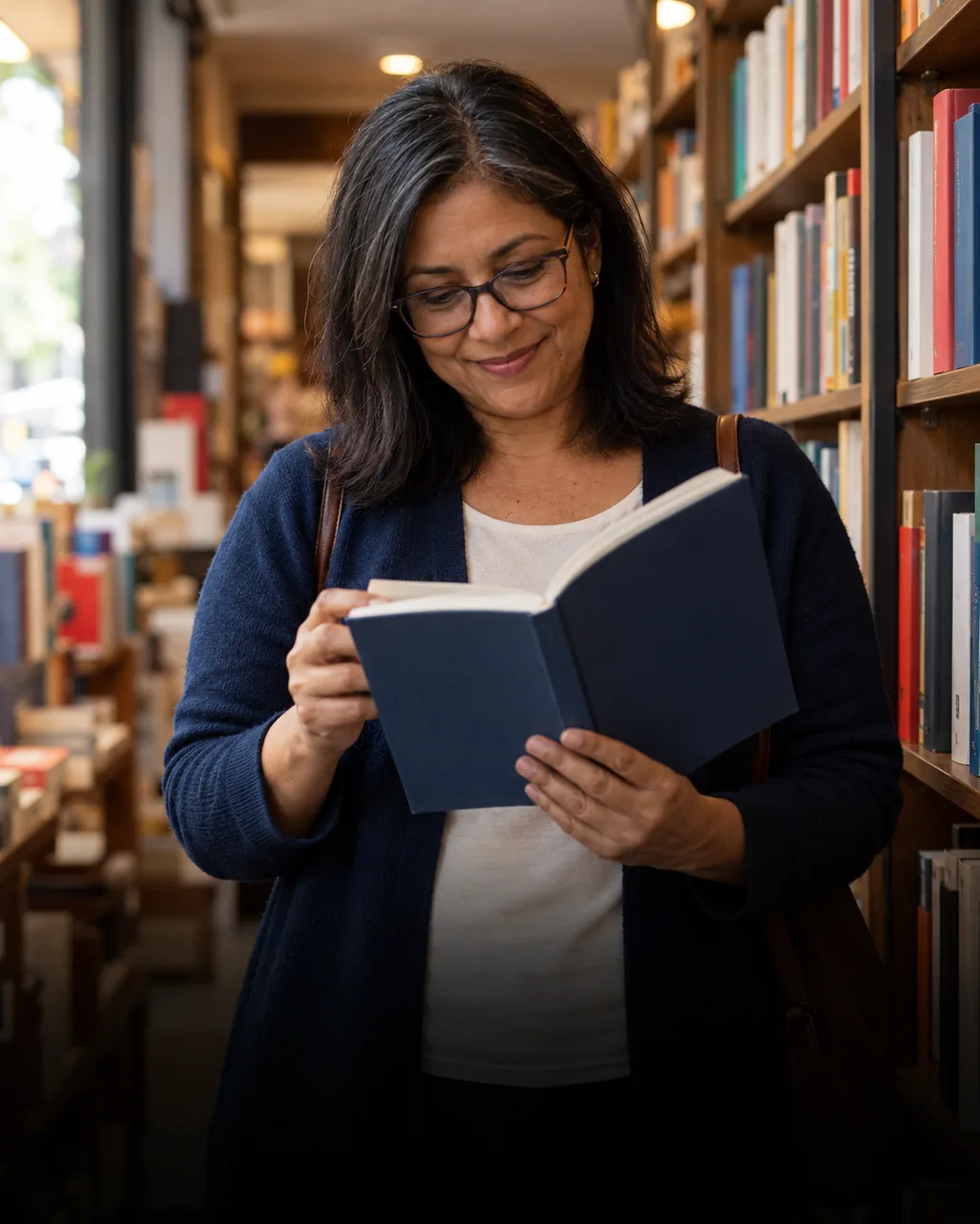Mulher folheando um livro em uma livraria