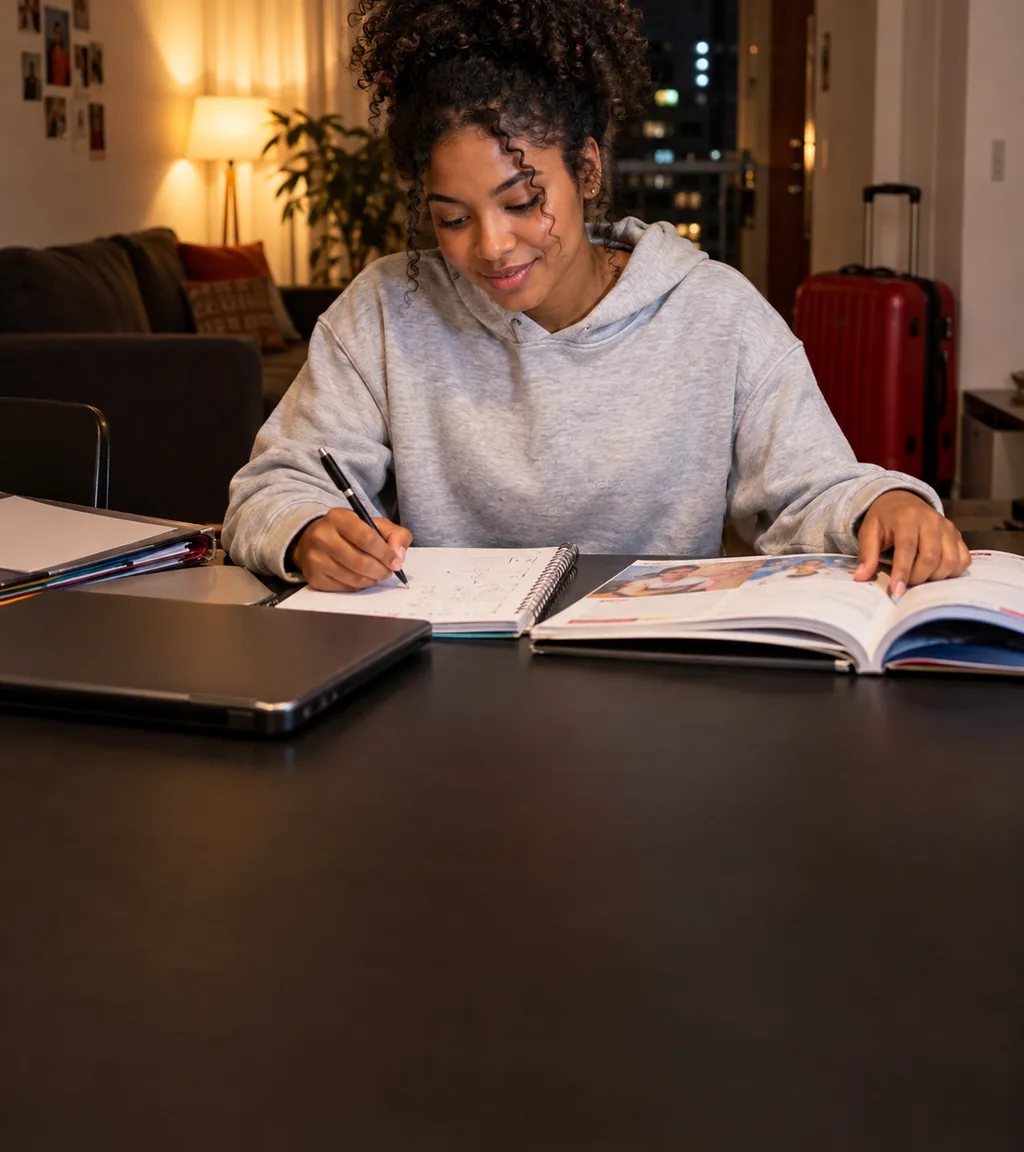Jovem organizando documentos e material de estudo para um intercâmbio