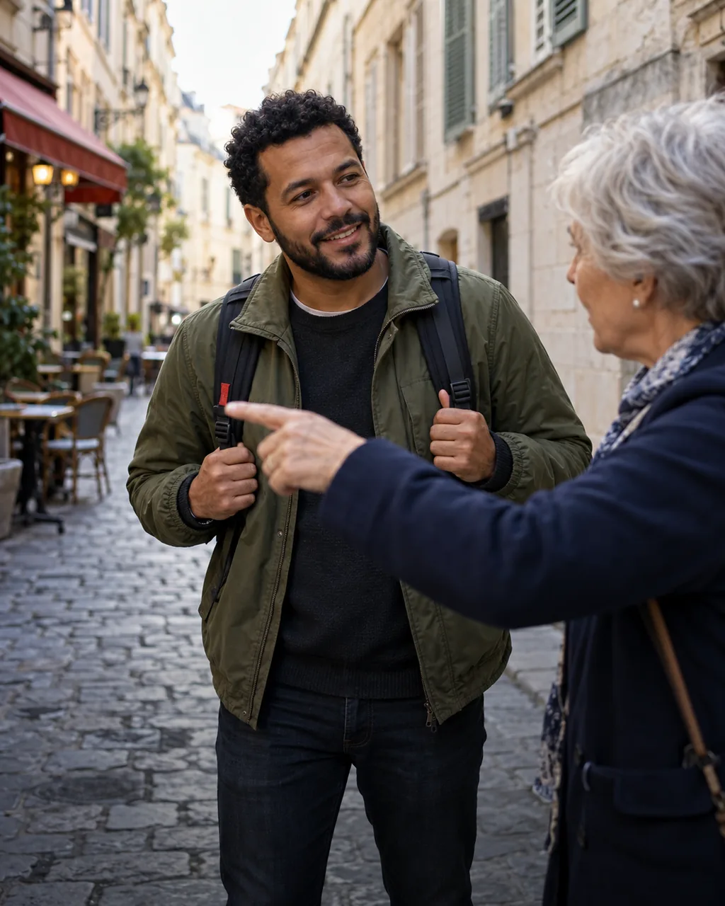 Turista brasileiro pedindo informação em francês a uma moradora em uma rua de centro histórico